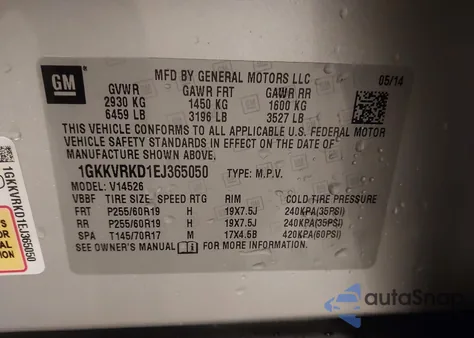 2014 GMC Acadia Slt-1 from USA, damaged, VIN 1GKKVRKD1EJ365050